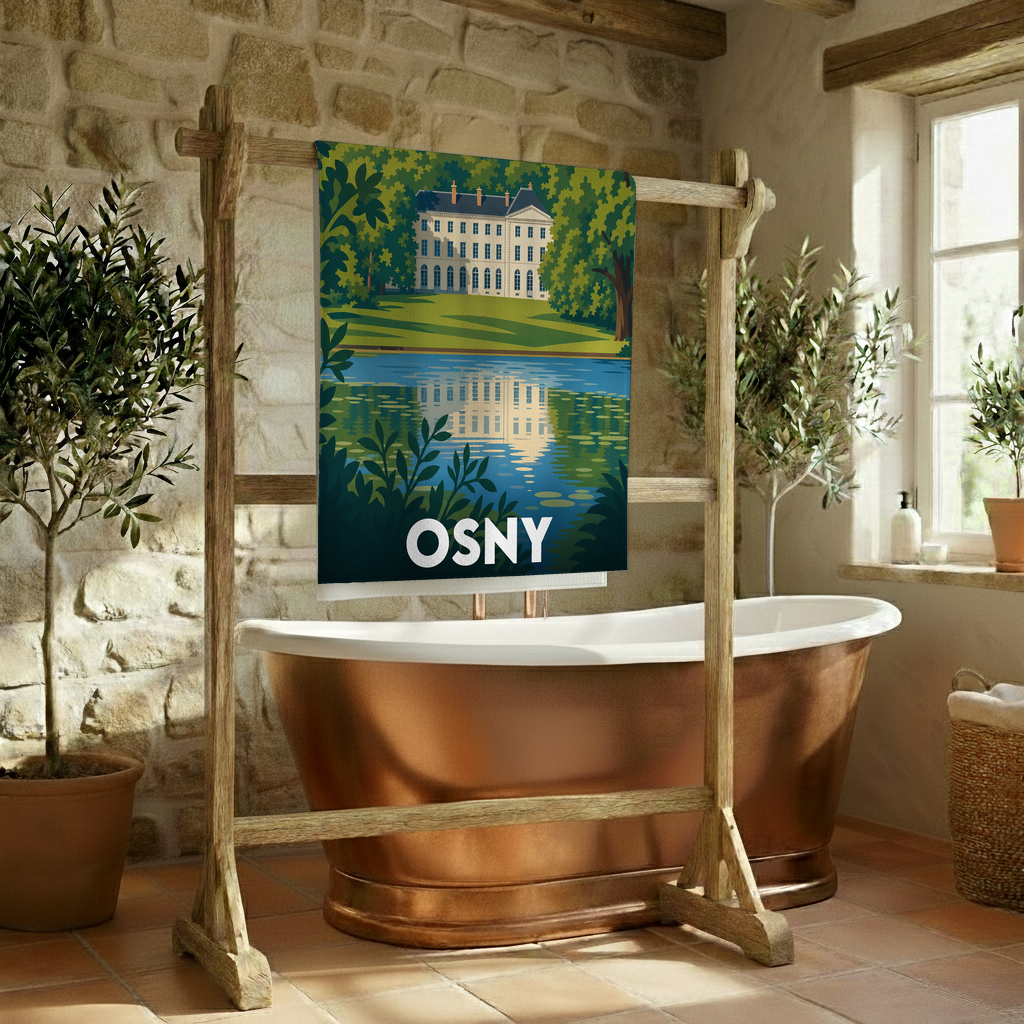 Serviette de bain souvenir de la ville d'Osny avec une illustration stylisée d'un château se reflétant sur l'eau.