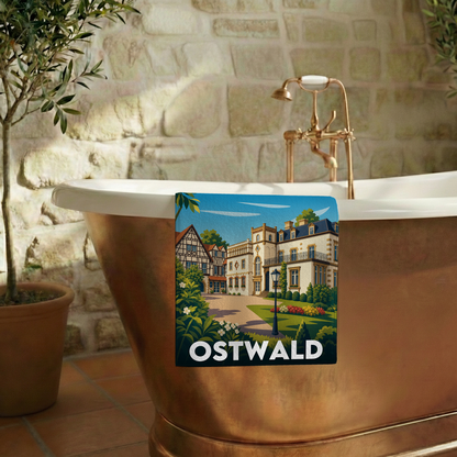 Serviette de bain souvenir de la ville d’Ostwald illustrée d'un paysage urbain stylisé.