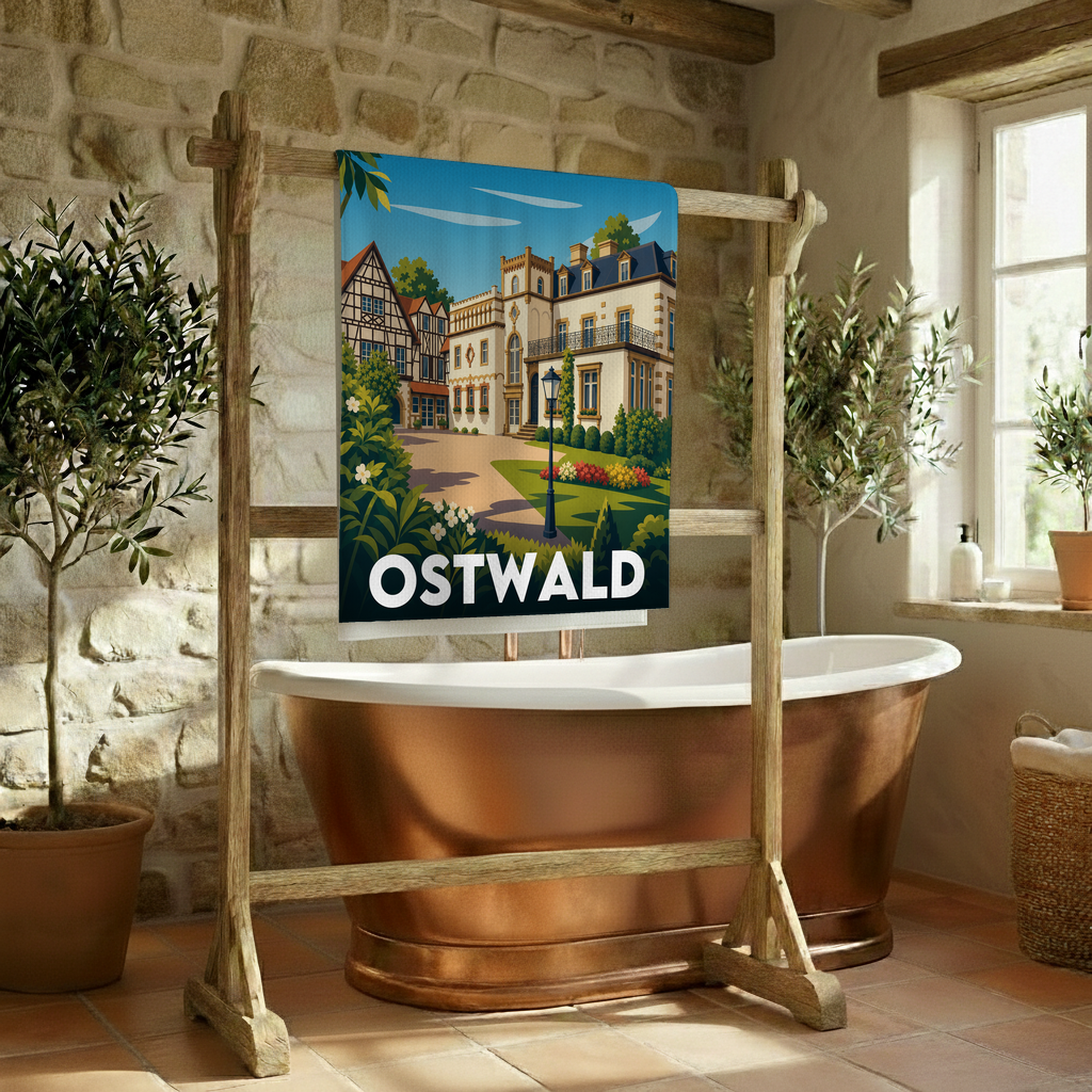 Serviette de bain souvenir de la ville d'Ostwald avec une illustration stylisée.
