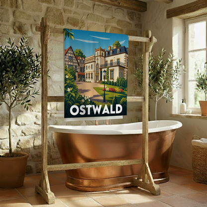 Serviette de bain souvenir de la ville d'Ostwald avec une illustration stylisée.
