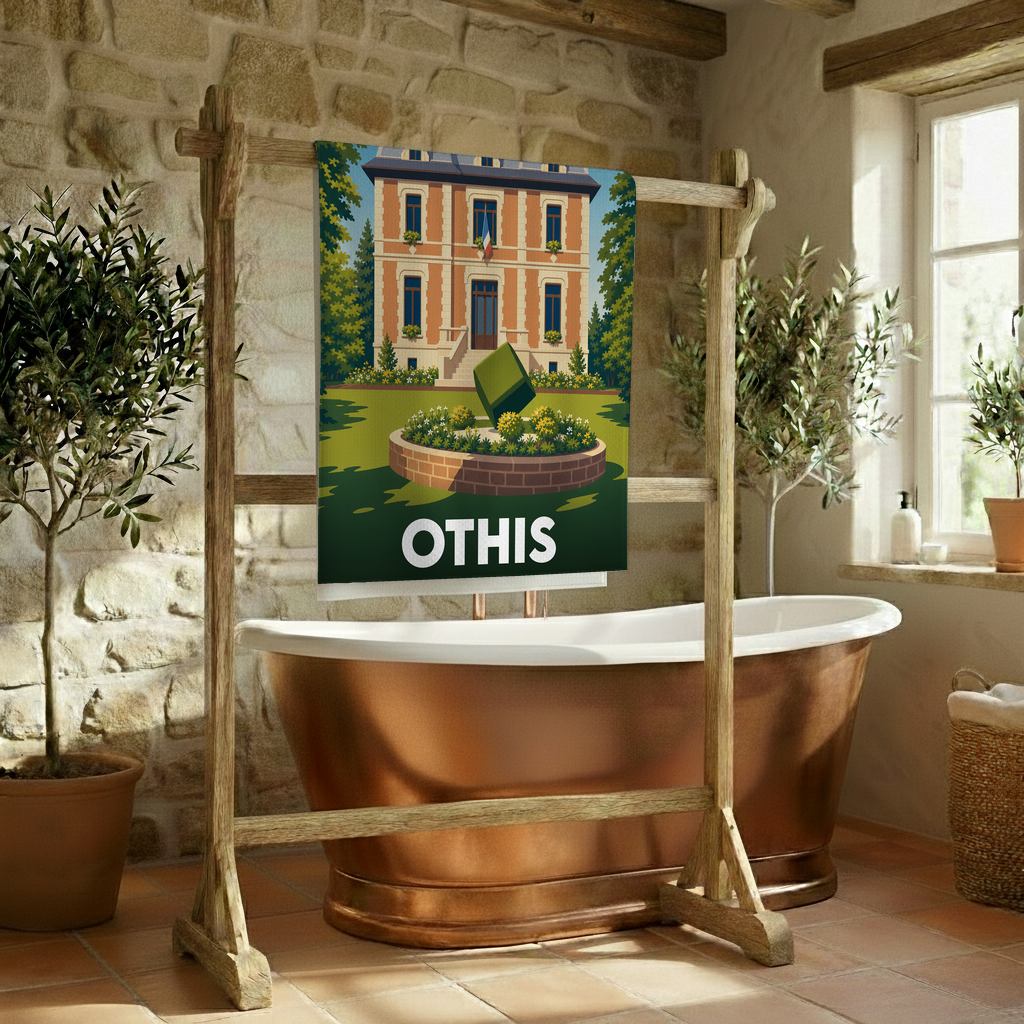 Serviette de bain souvenir de la ville de Othis avec une illustration stylisée.