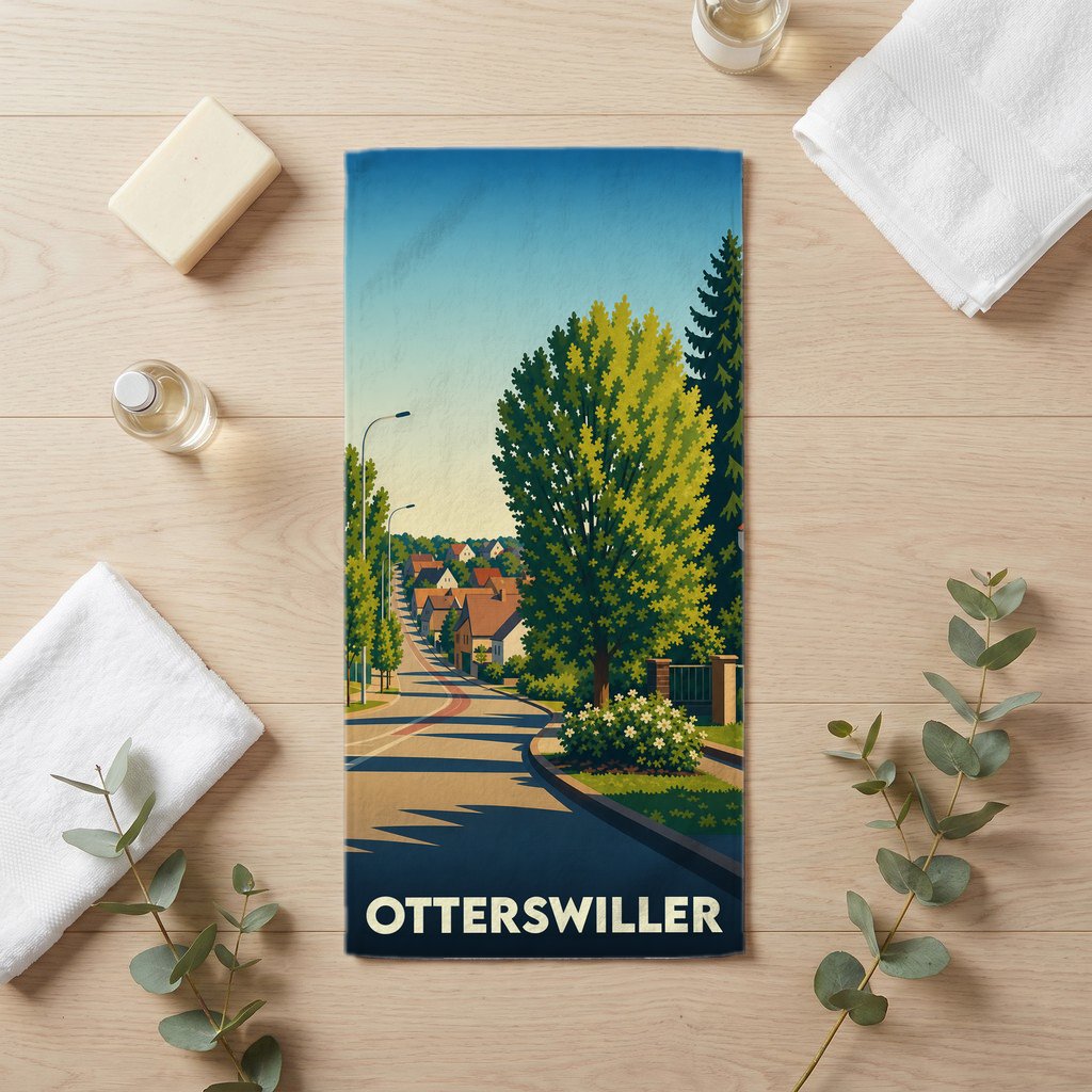 Serviette de bain souvenir d'Otterswiller ornée d'une illustration paysagère stylisée.