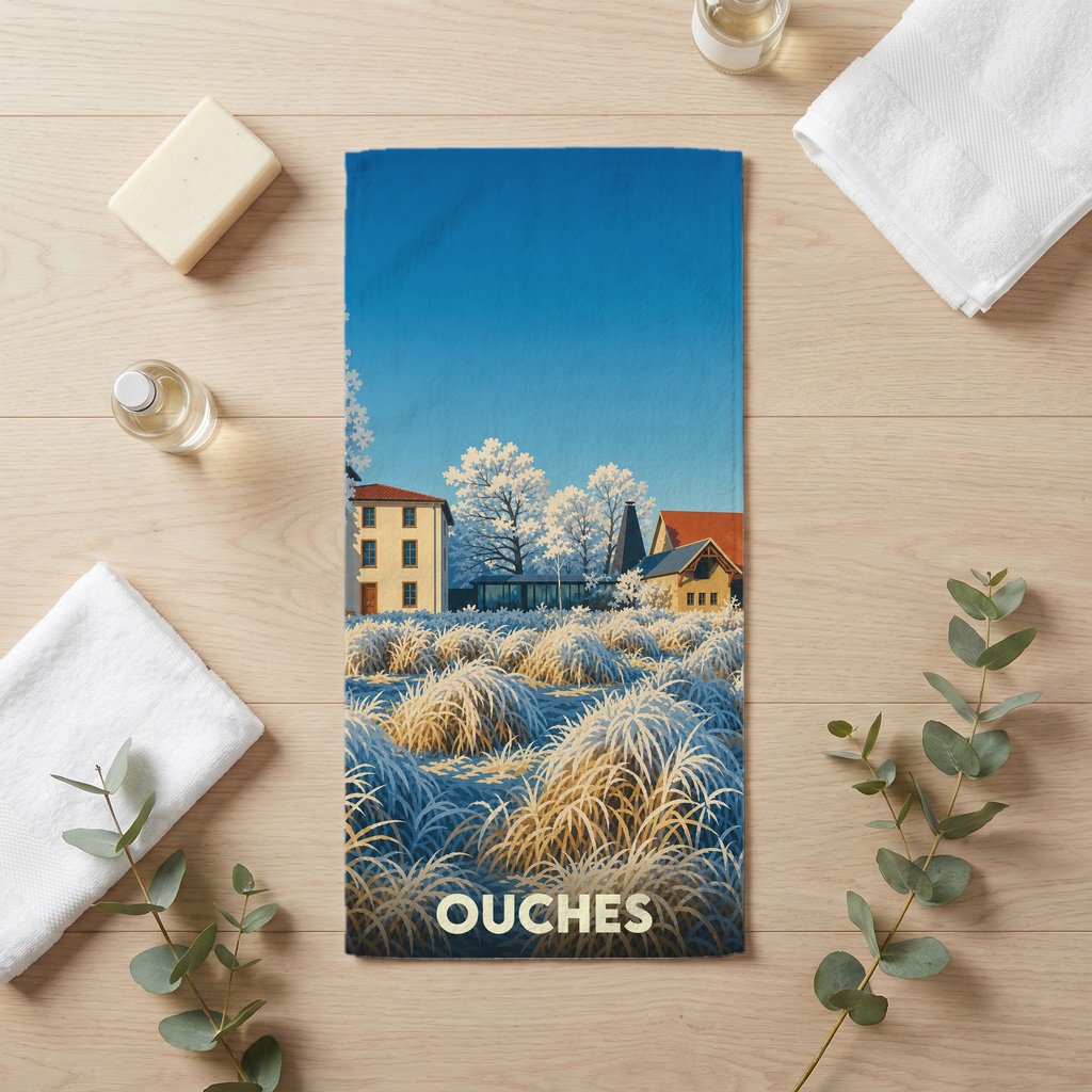 Serviette de bain souvenir de la ville de Ouches avec une illustration hivernale stylisée.