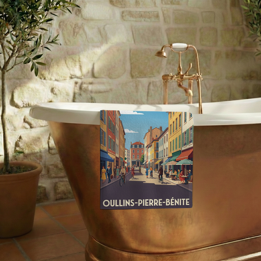 Serviette de bain souvenir de la ville de Oullins-Pierre-Bénite avec une illustration stylisée.