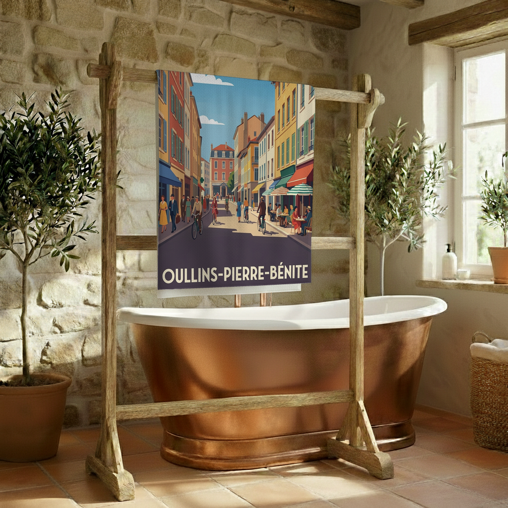 Serviette de bain souvenir de la ville de Oullins-Pierre-Bénite avec une illustration stylisée.