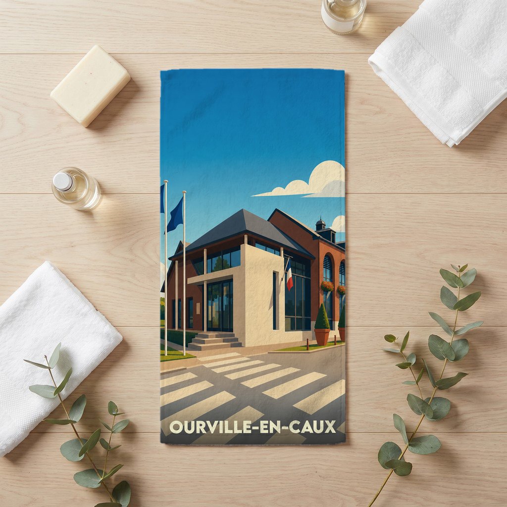 Serviette de bain souvenir de la ville de Ourville-en-Caux avec une illustration stylisée de sa mairie.