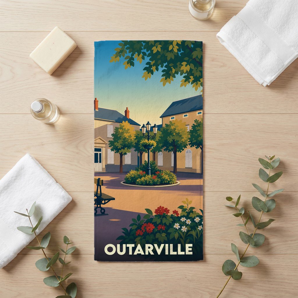Serviette de bain souvenir de la ville d’Outarville avec une illustration stylisée de sa place centrale.