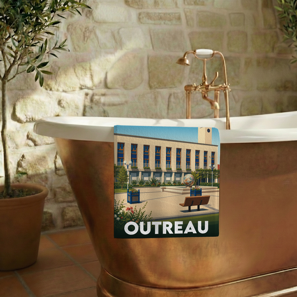 Serviette de bain souvenir de la ville de Outreau avec une illustration stylisée.