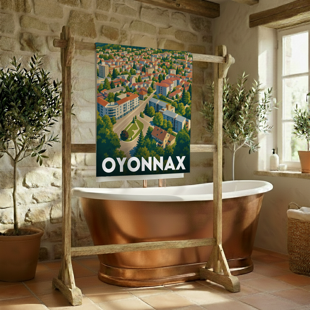 Serviette de bain souvenir de la ville d'Oyonnax avec une illustration stylisée.