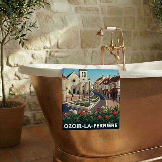 Serviette de bain souvenir de la ville d'Ozoir-la-Ferrière avec une illustration stylisée.