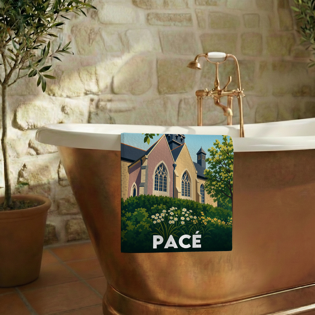 Serviette de bain souvenir de la ville de Pacé avec une illustration stylisée.