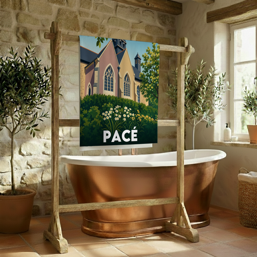 Serviette de bain souvenir de la ville de Pacé avec une illustration stylisée.