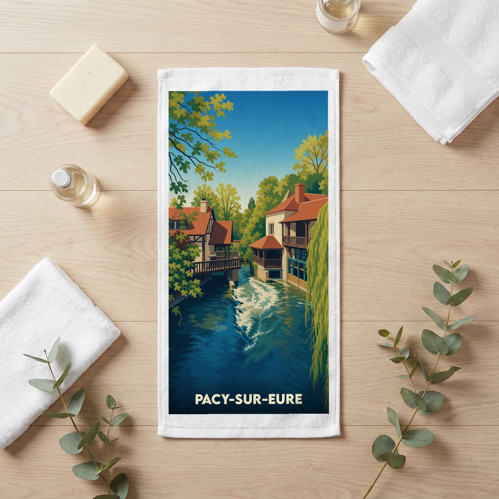 Serviette de bain souvenir de la ville de Pacy-sur-Eure avec une illustration stylisée d'un moulin au bord de l'eau.