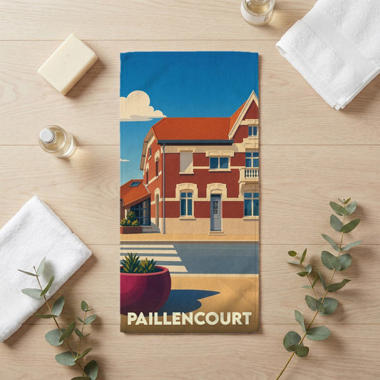Serviette de bain souvenir de la ville de Paillencourt avec une illustration stylisée.