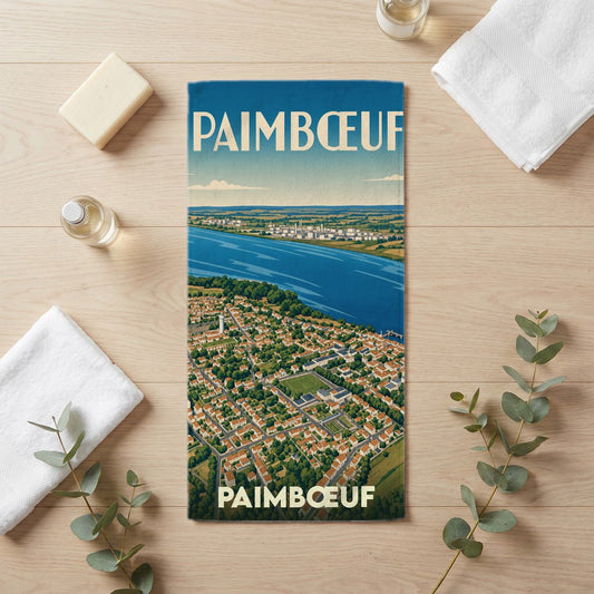 Serviette de bain souvenir de la ville de Paimbœuf avec une illustration aérienne colorée.