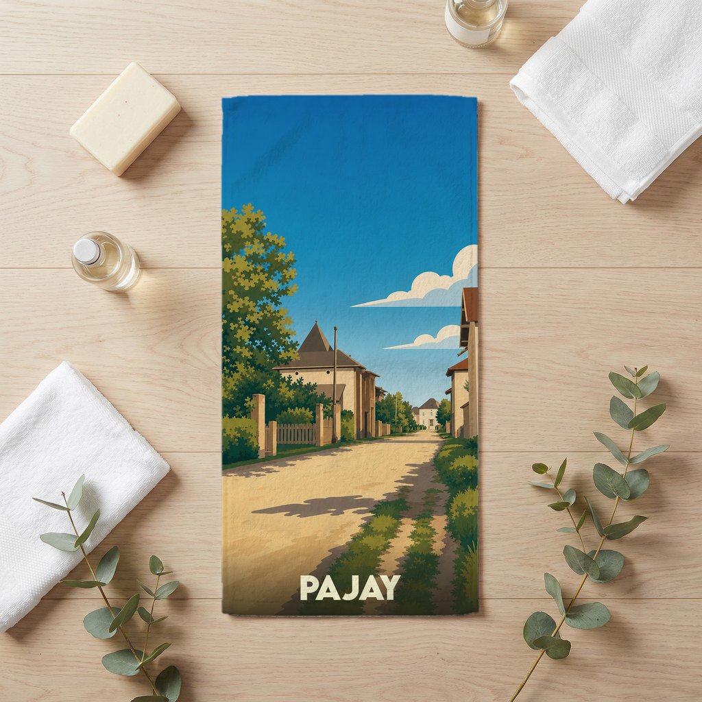 Serviette de bain souvenir de la ville de Pajay avec une illustration stylisée d'une rue ensoleillée.