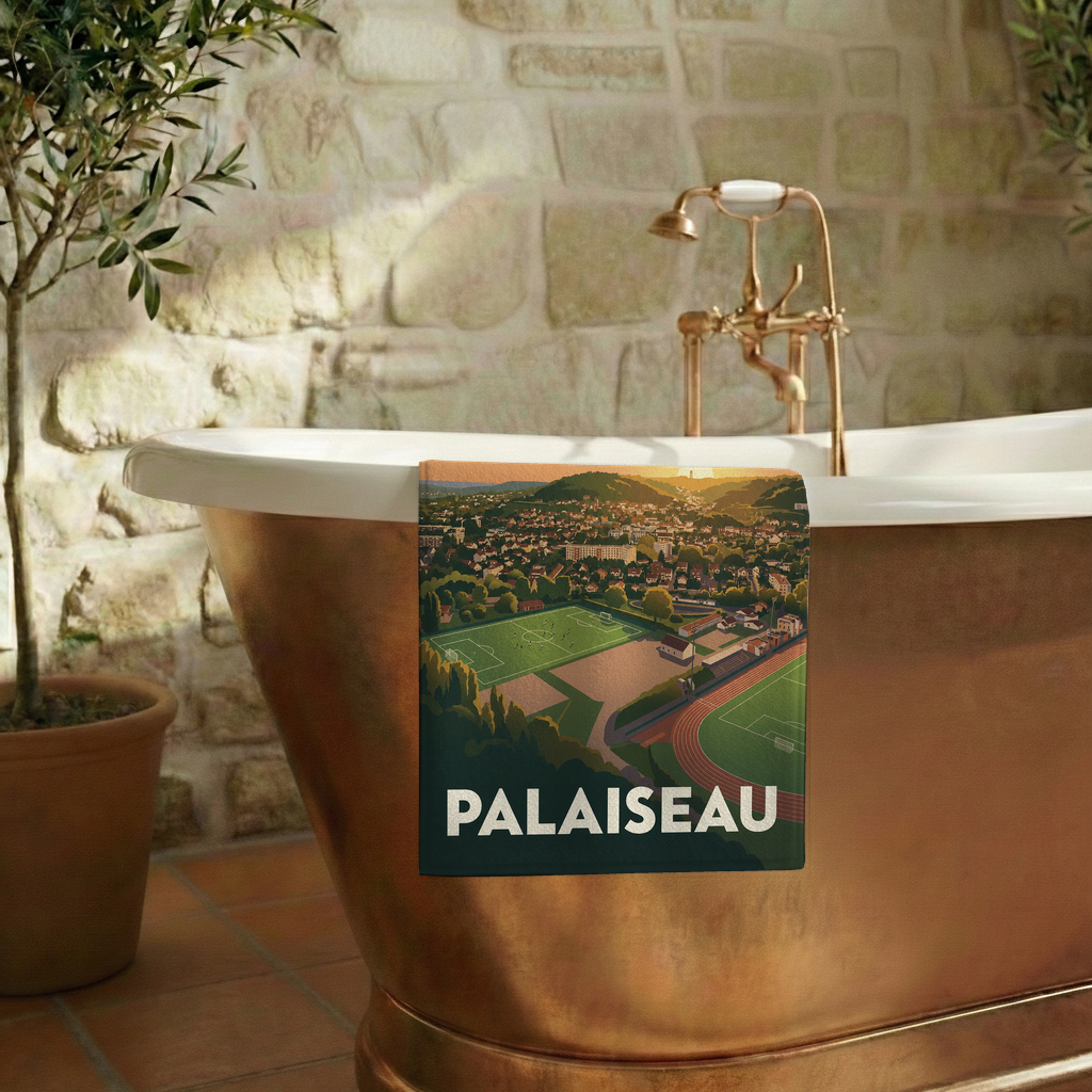 Serviette de bain souvenir de la ville de Palaiseau ornée d'une illustration stylisée de son paysage urbain et sportif.