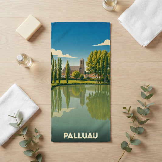 Serviette de bain souvenir de la ville de Palluau avec une illustration stylisée d'un paysage lacustre.