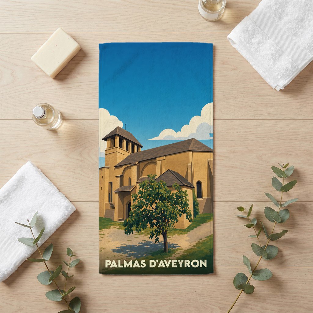 Serviette de bain souvenir de Palmas d'Aveyron avec une illustration stylisée de l'église locale.
