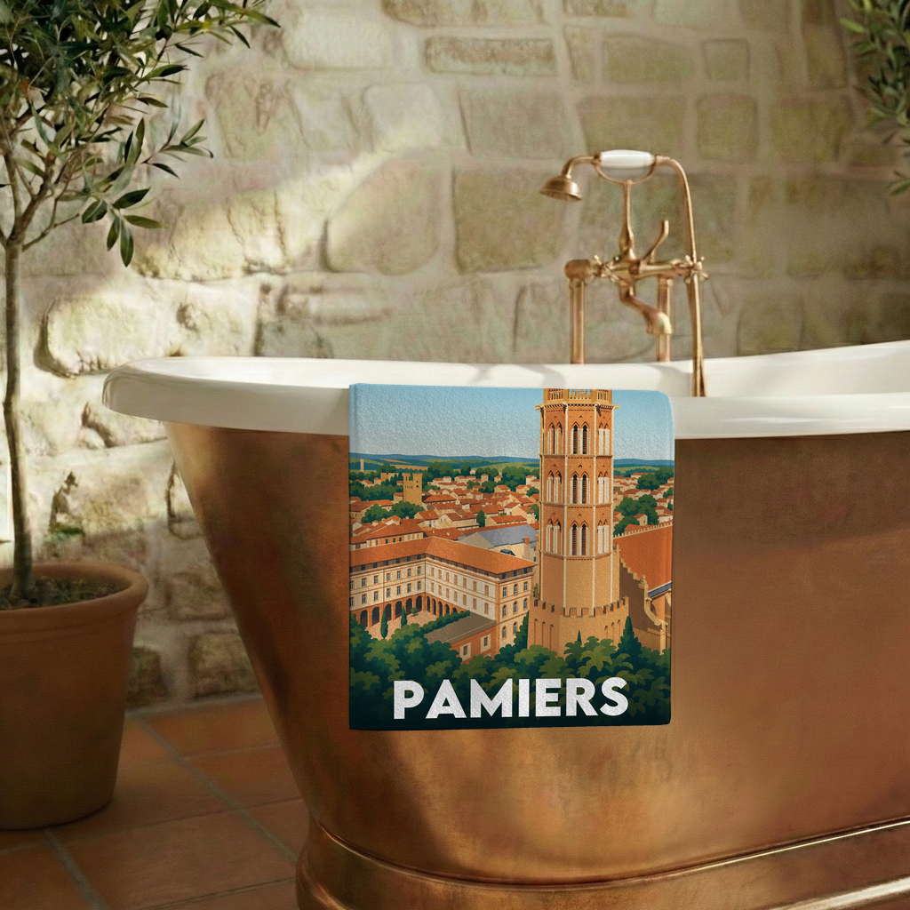 Serviette de bain souvenir de la ville de Pamiers avec une illustration stylisée.