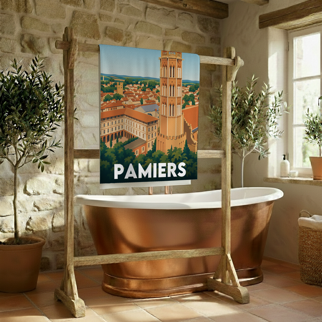 Serviette de bain souvenir de la ville de Pamiers avec une illustration stylisée.