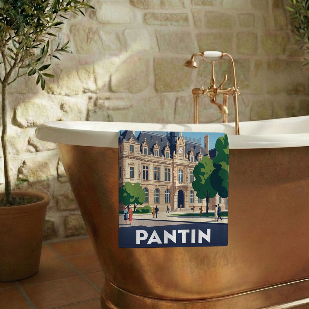Serviette de bain souvenir de la ville de Pantin avec une illustration stylisée.