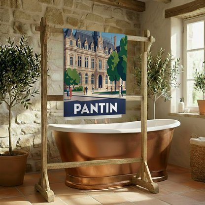 Serviette de bain souvenir de la ville de Pantin avec une illustration stylisée.