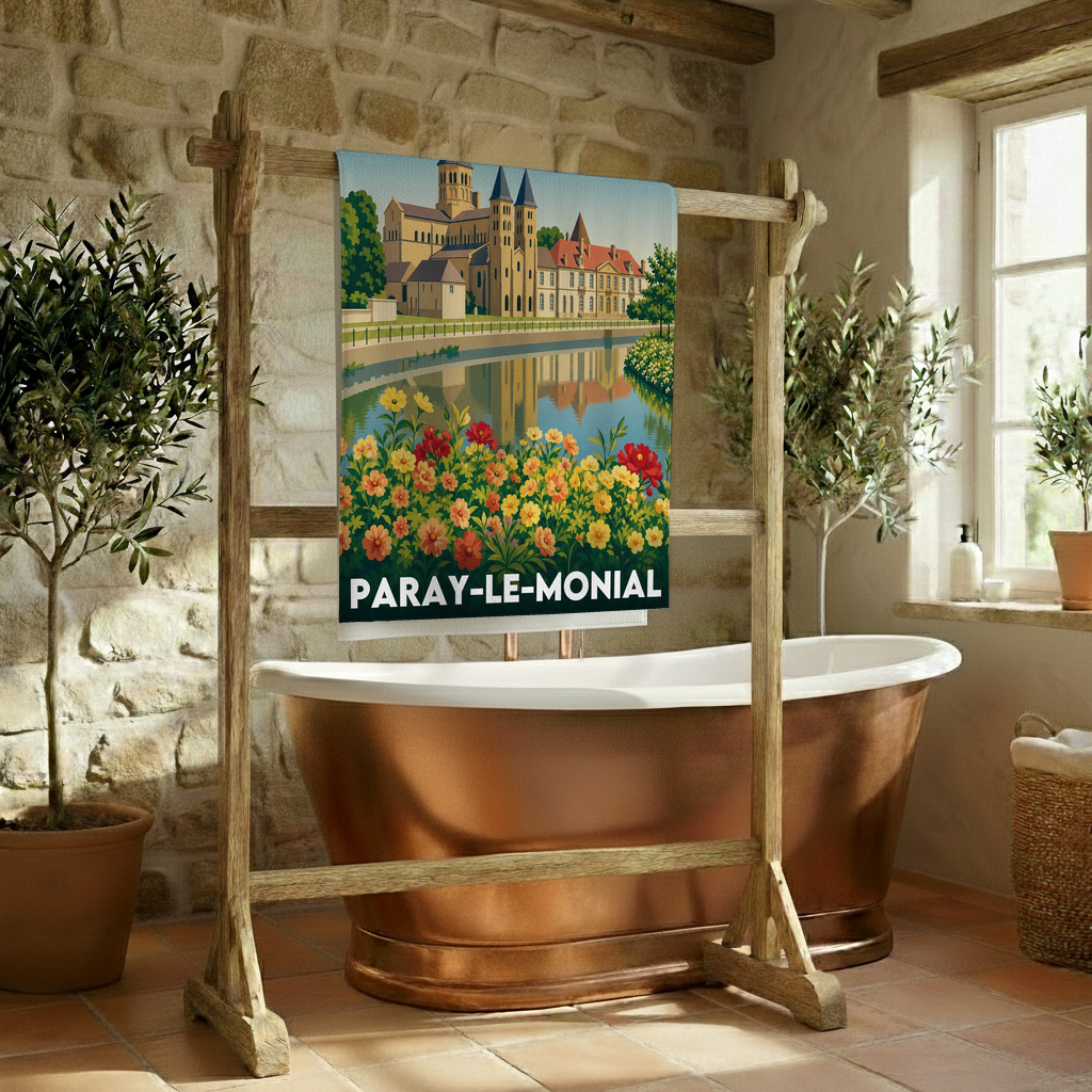 Serviette de bain souvenir de la ville de Paray-le-Monial avec une illustration stylisée.