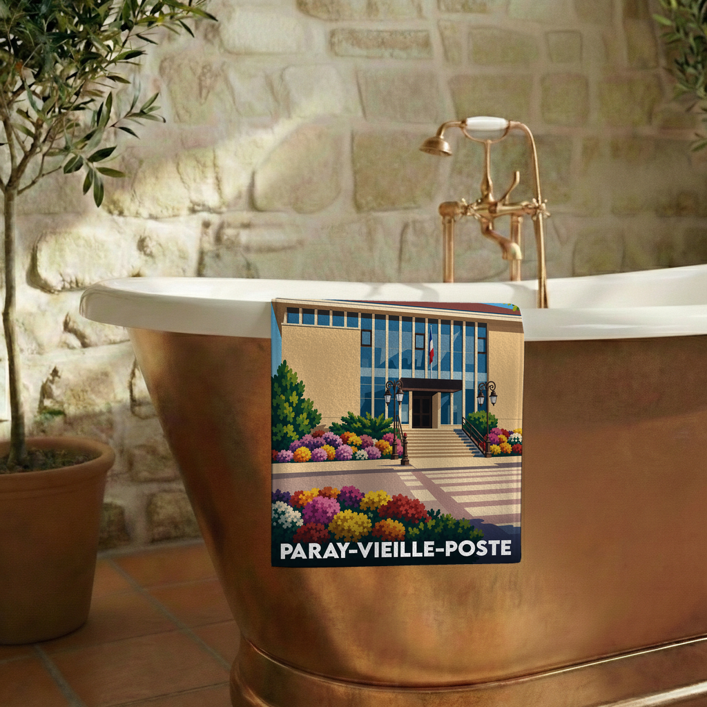 Serviette de bain souvenir de la ville de Paray-Vieille-Poste avec une illustration stylisée.