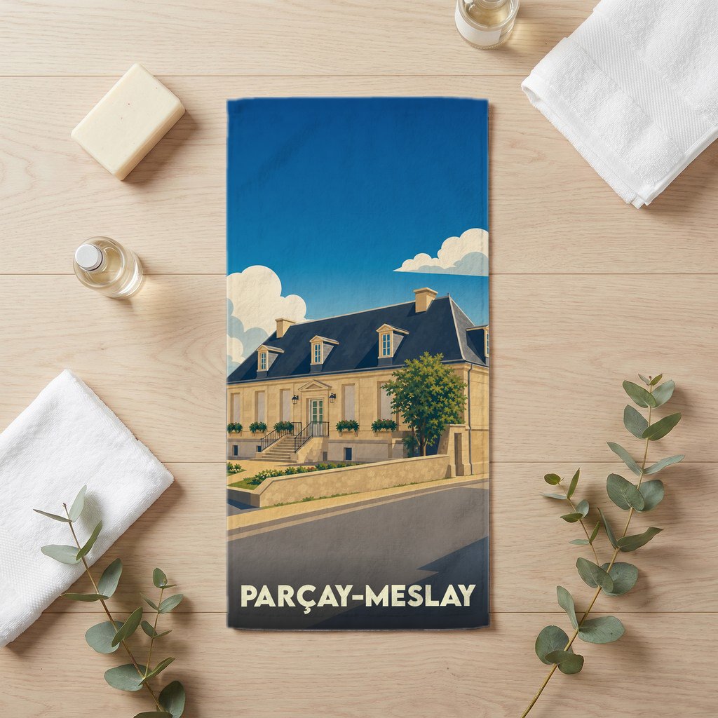 Serviette de bain souvenir de la ville de Parçay-Meslay illustrée d'un manoir stylisé.