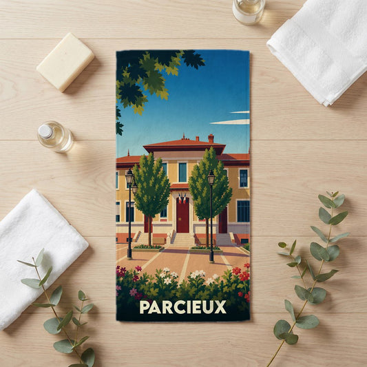 Serviette de bain souvenir de la ville de Parcieux avec une illustration stylisée d'un bâtiment communal.
