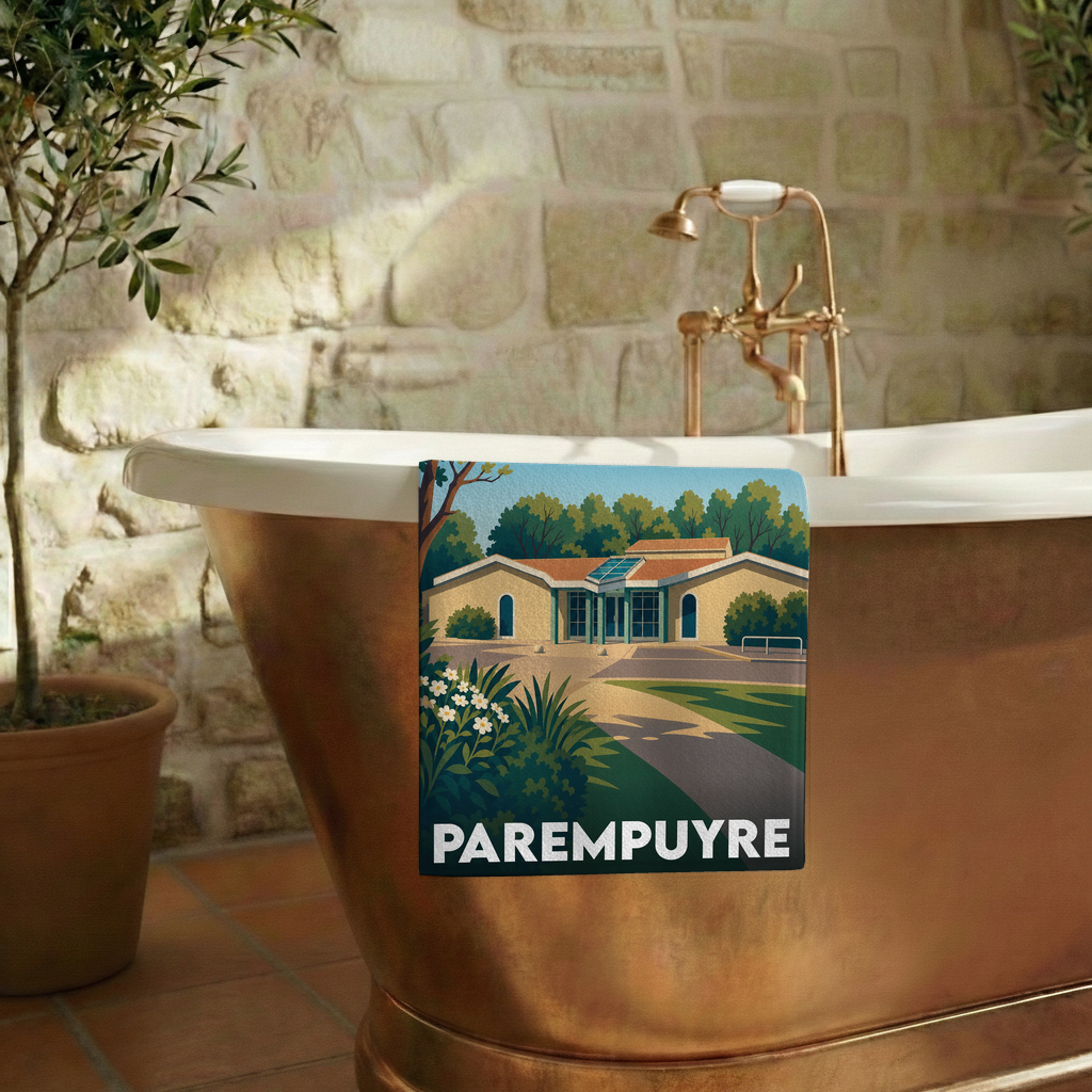 Serviette de bain souvenir de la ville de Parempuyre avec une illustration stylisée.