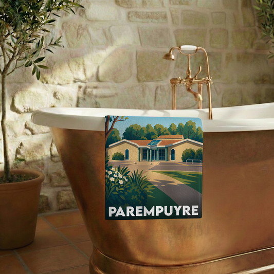 Serviette de bain souvenir de la ville de Parempuyre avec une illustration stylisée.