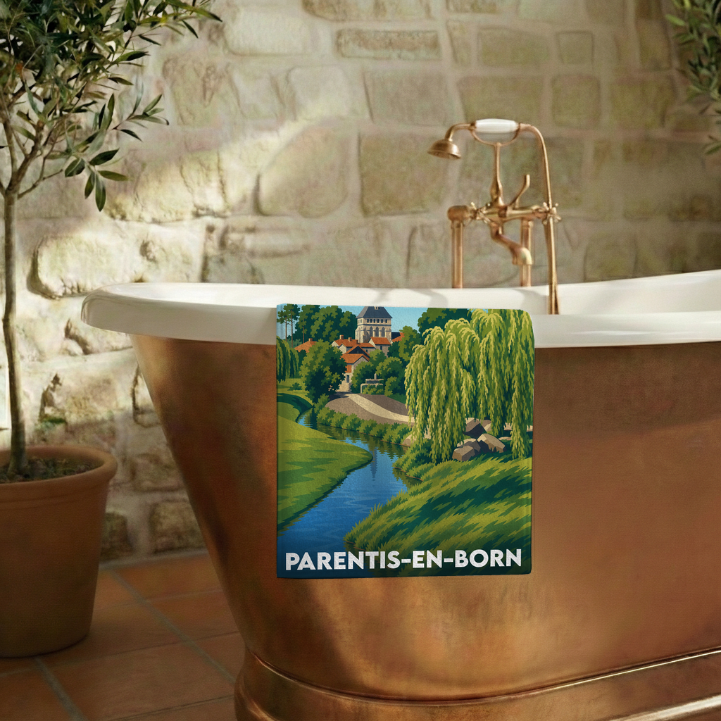 Serviette de bain souvenir de la ville de Parentis-en-Born avec une illustration paysagère stylisée.