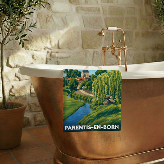 Serviette de bain souvenir de la ville de Parentis-en-Born avec une illustration paysagère stylisée.