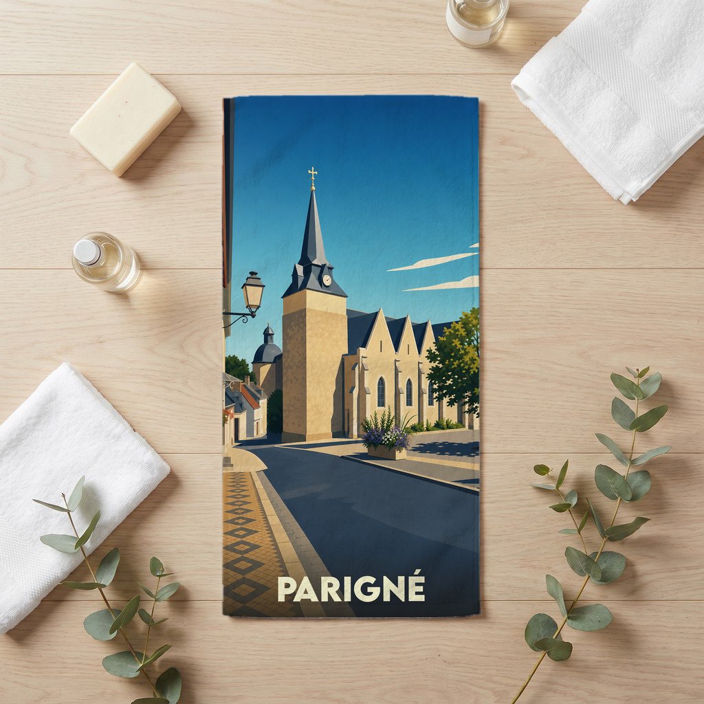 Serviette de bain souvenir de la ville de Parigné avec une illustration stylisée de son église.