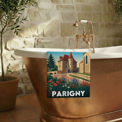 Serviette de bain souvenir de la ville de Parigny avec une illustration stylisée.