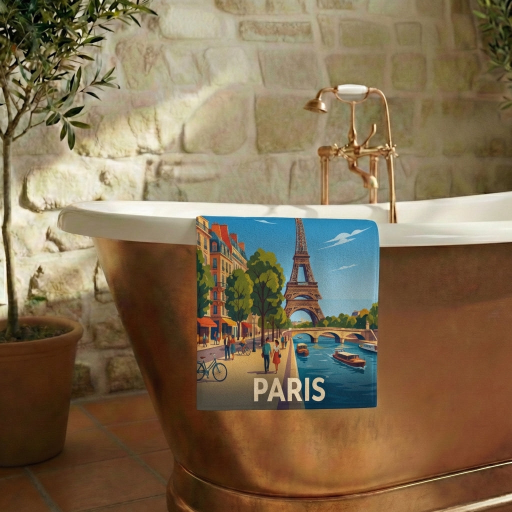 Serviette de bain souvenir de la ville de Paris avec une illustration stylisée.
