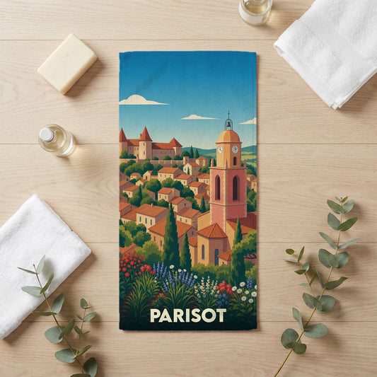 Serviette de bain souvenir de la ville de Parisot avec une illustration stylisée de son paysage urbain et fleuri.