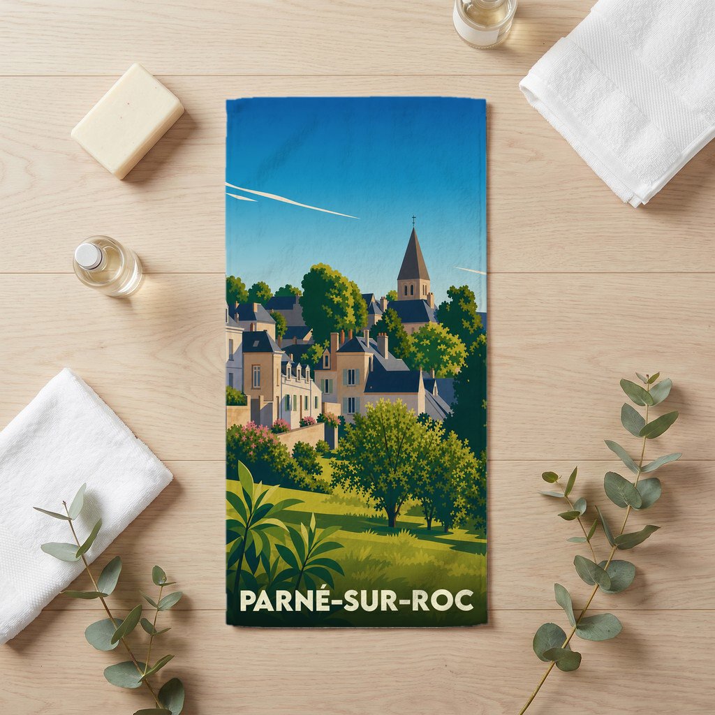 Serviette de bain souvenir de Parné-sur-Roc illustrée d'un paysage de village stylisé.