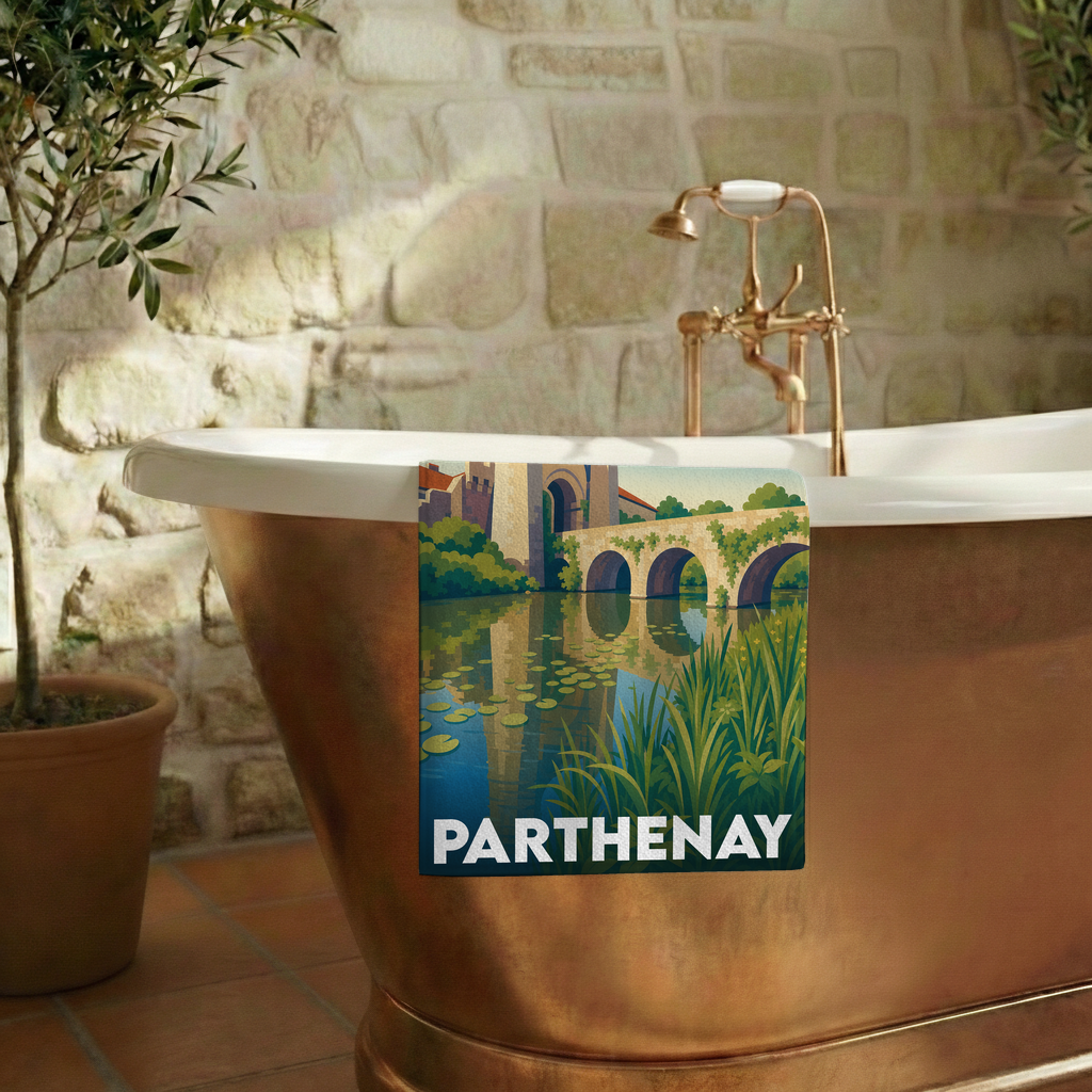 Serviette de bain souvenir de la ville de Parthenay illustrée par un pont historique enjambant une rivière.