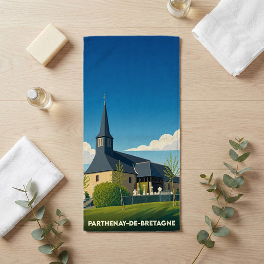 Serviette de bain souvenir de Parthenay-de-Bretagne illustrant son église dans un style épuré.