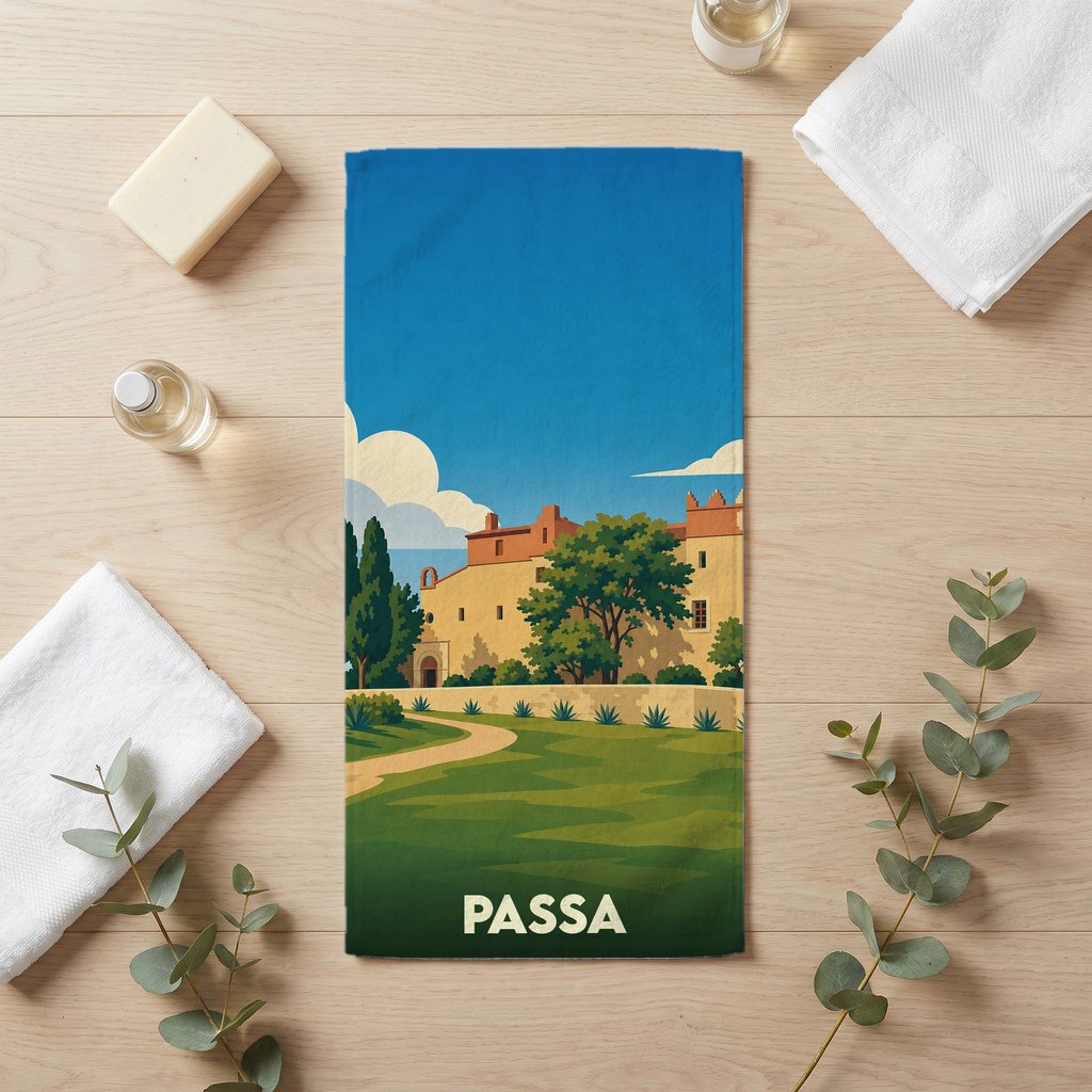 Serviette de bain souvenir de la ville de Passa avec une illustration stylisée d'un paysage méditerranéen.