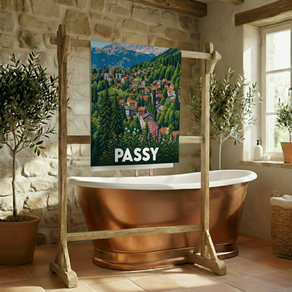 Serviette de bain souvenir de la ville de Passy avec une illustration stylisée de montagne.