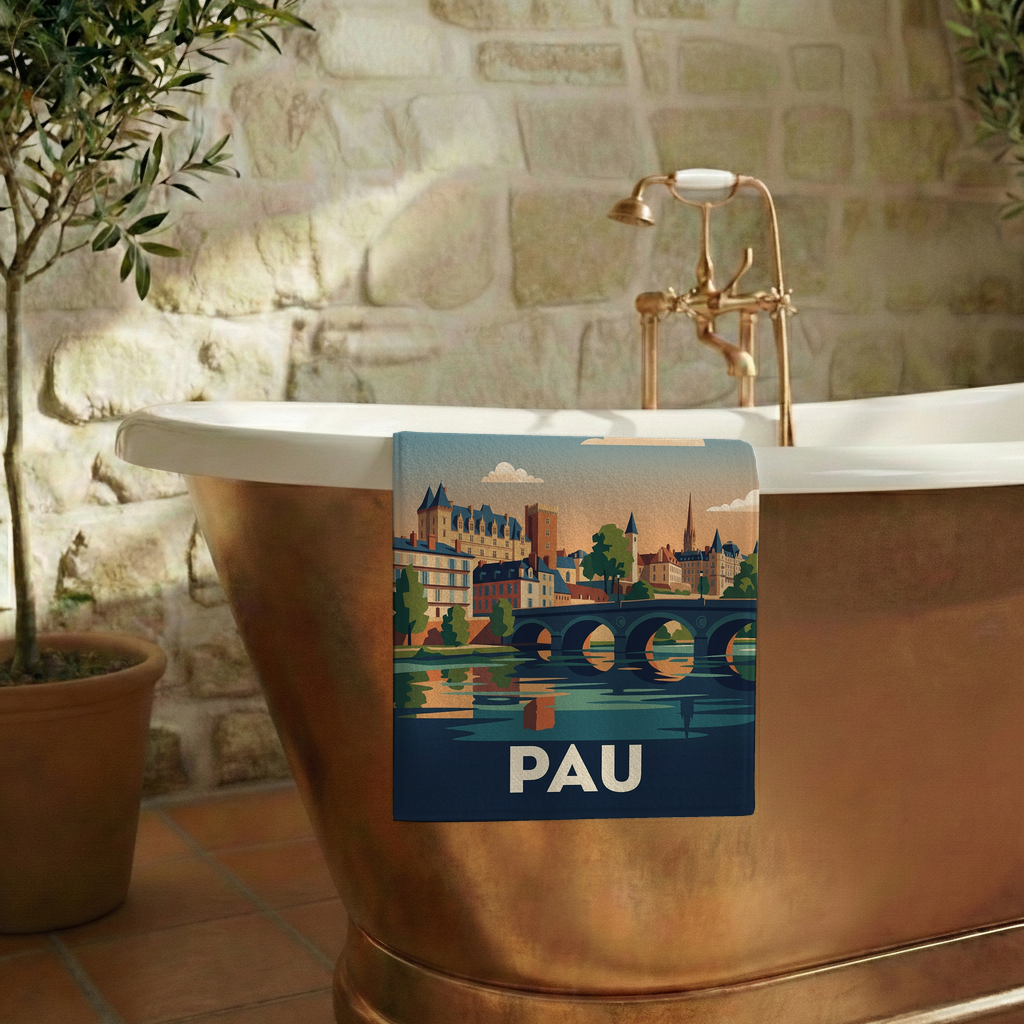 Serviette de bain souvenir de la ville de Pau avec une illustration stylisée.