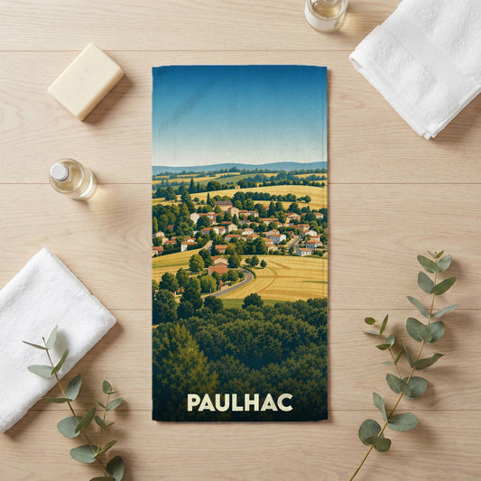 Serviette de bain souvenir de la ville de Paulhac illustrée par un paysage champêtre stylisé.