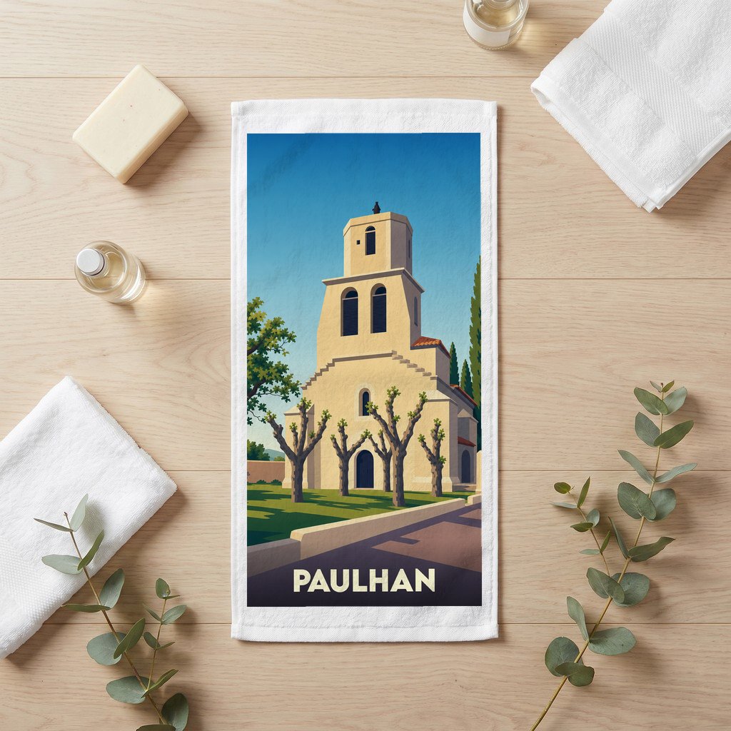 Serviette de bain souvenir de la ville de Paulhan avec une illustration stylisée de son église.