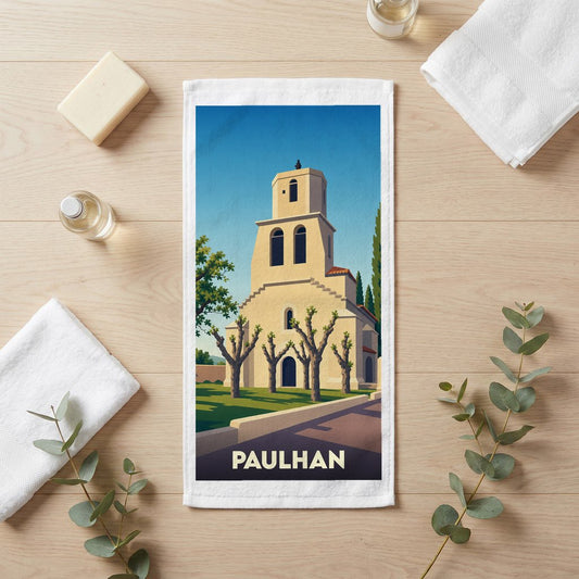Serviette de bain souvenir de la ville de Paulhan avec une illustration stylisée de son église.