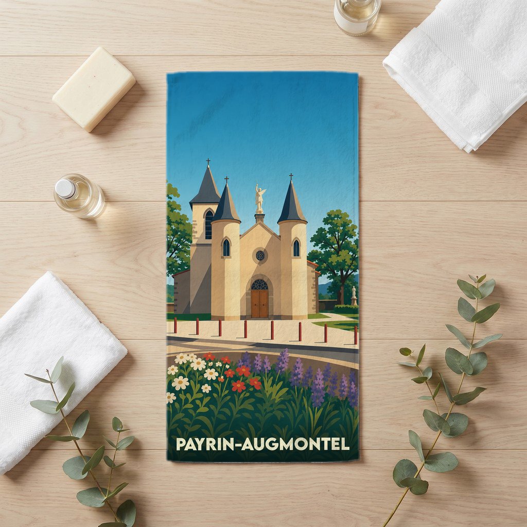 Serviette de bain souvenir de la ville de Payrin-Augmontel avec une illustration stylisée de son église et de fleurs.