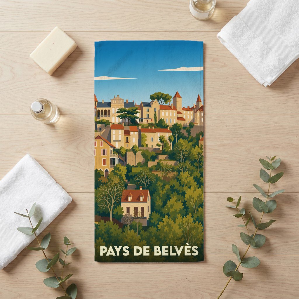 Serviette de bain souvenir de la ville de Pays de Belvès avec une illustration stylisée.